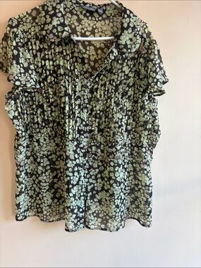 Ruffled Short-Sleeve Blouse in Black and Mint